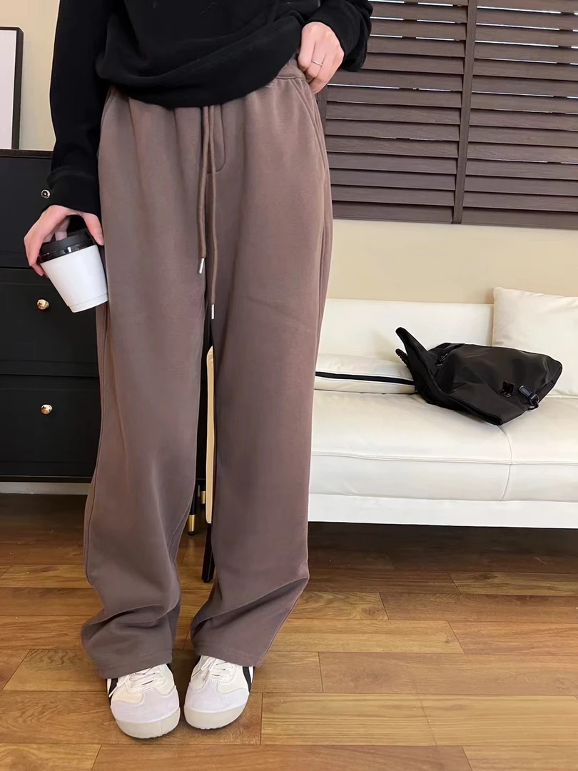 23252-高端休闲深咖色收口束腿卫裤宽松加绒加厚直筒裤