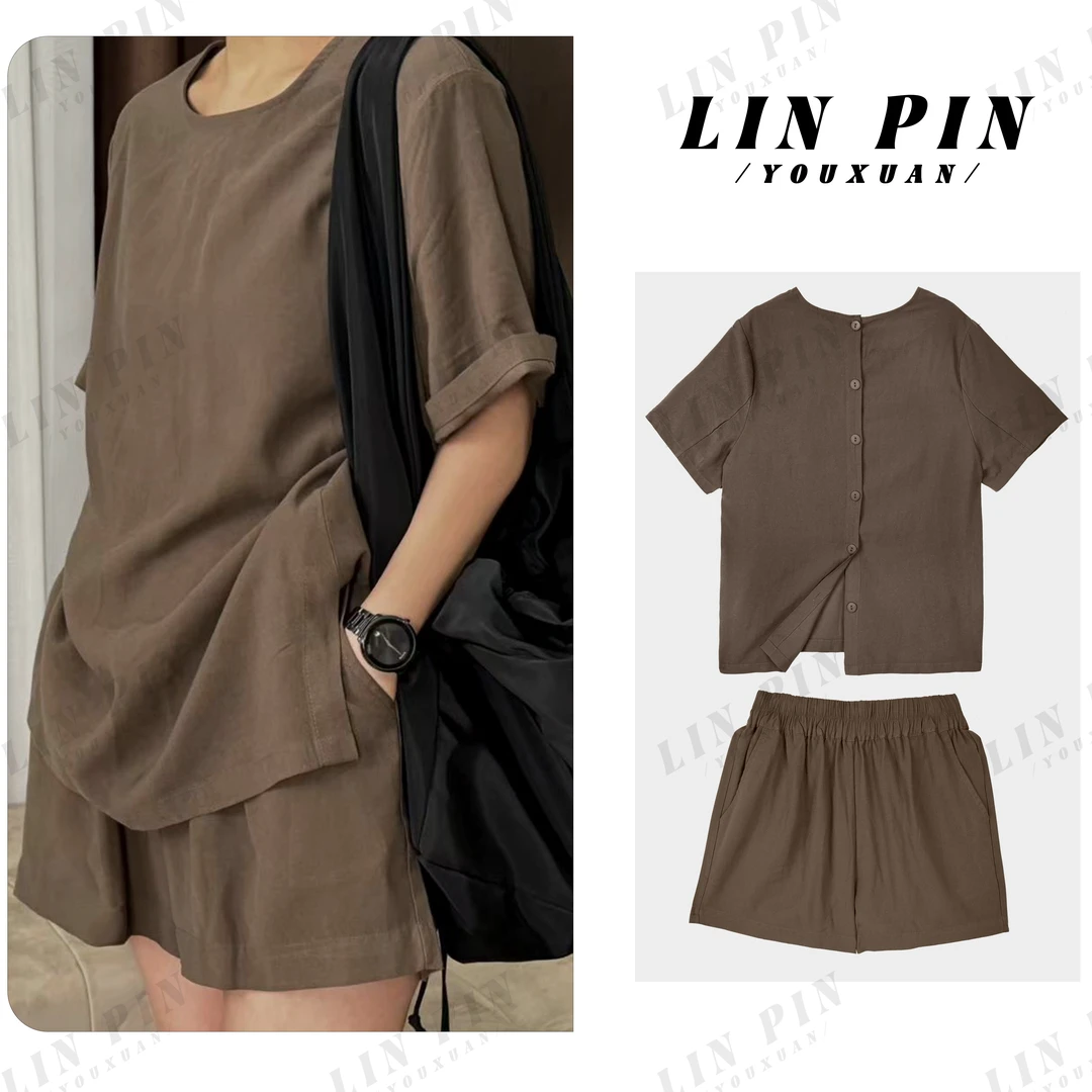 时尚休闲套装女款夏季简约百搭外穿宽松开衫短袖短裤两件套-24088