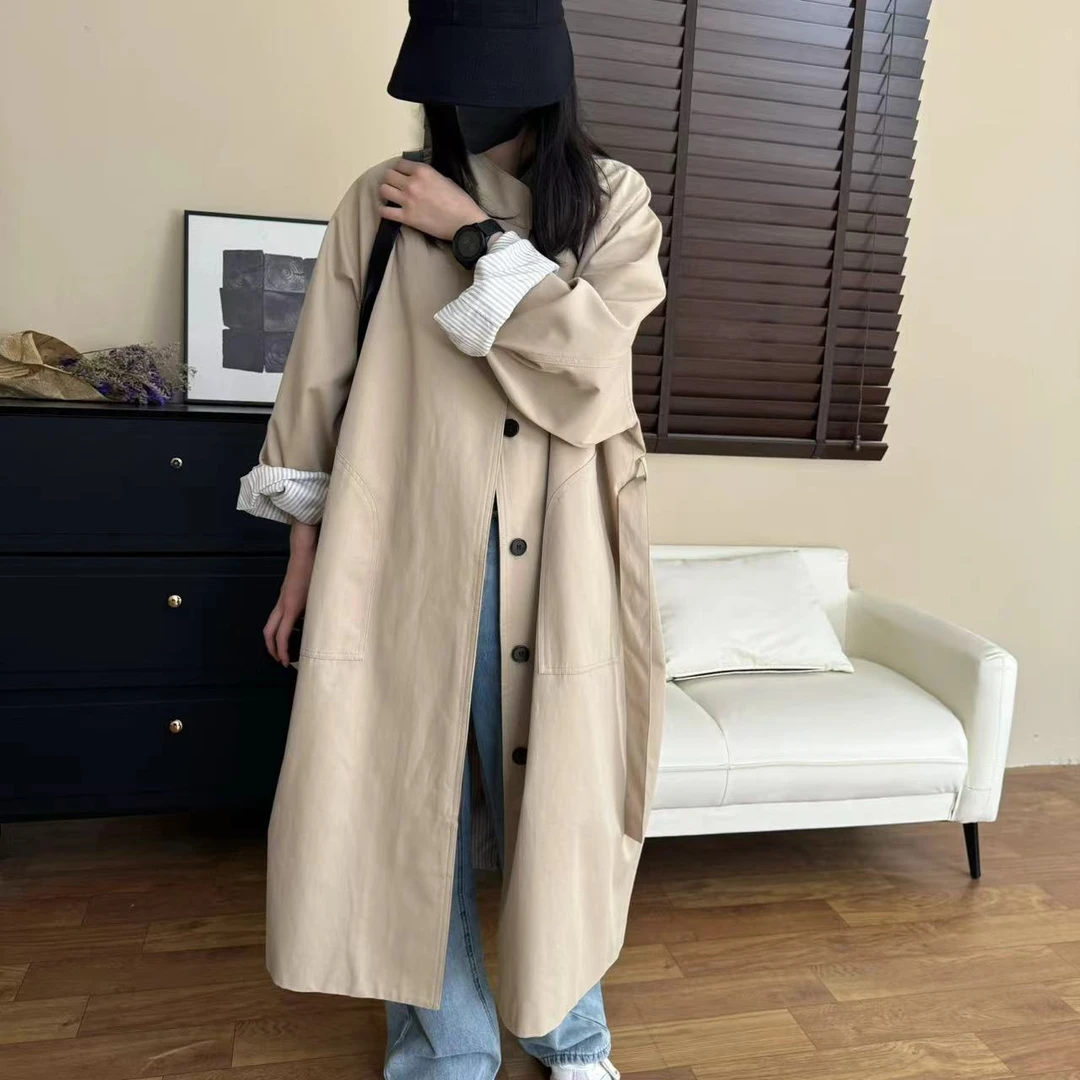 2024春秋款立领中长款文艺廓形风衣女款日系高级感宽松外套-24359