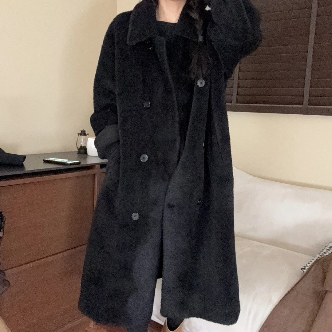 秋冬慵懒气质翻领中长款毛茸茸外套-24450