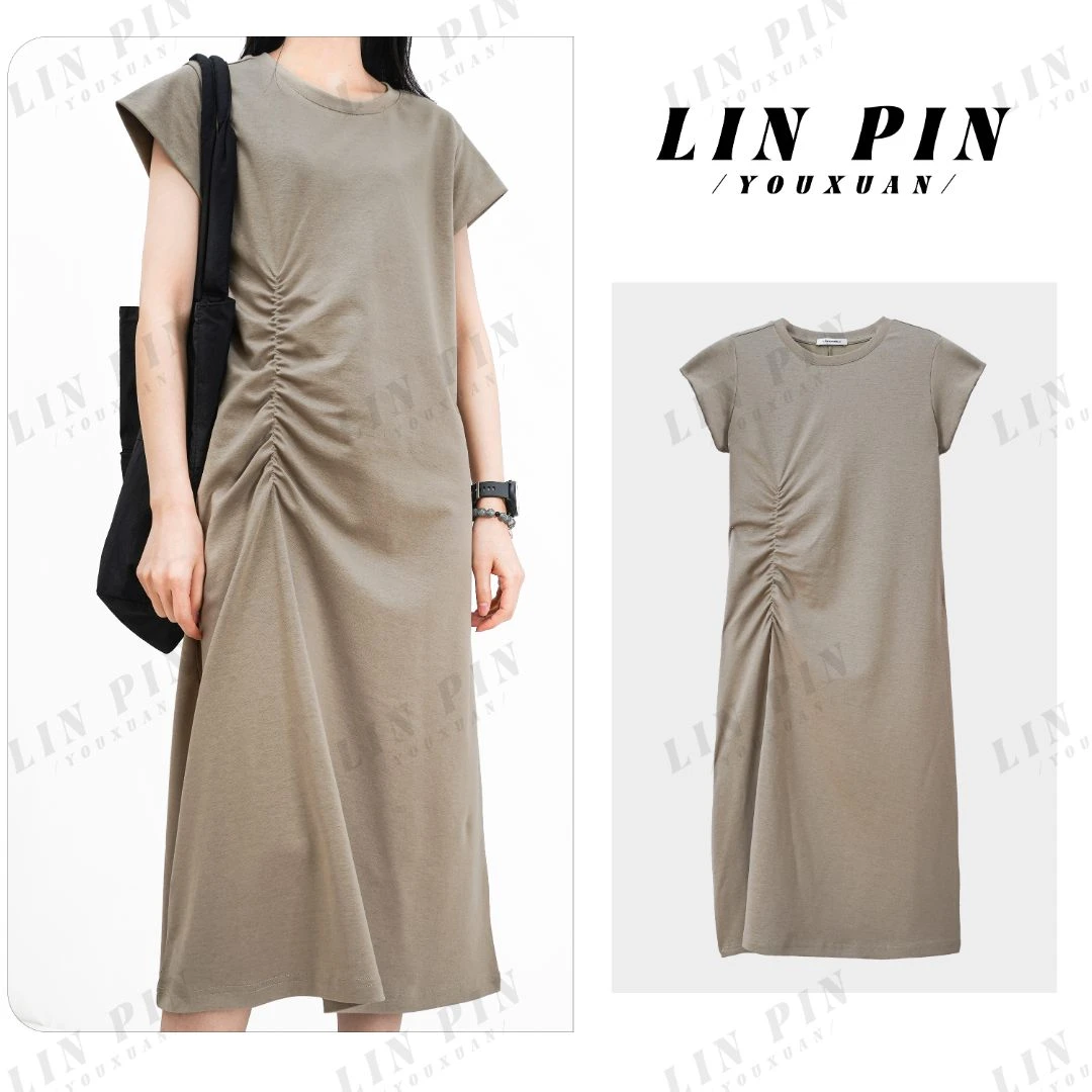 收腰修身圆领褶皱连衣裙设计感时尚气质休闲裙子宽松连衣裙-24286
