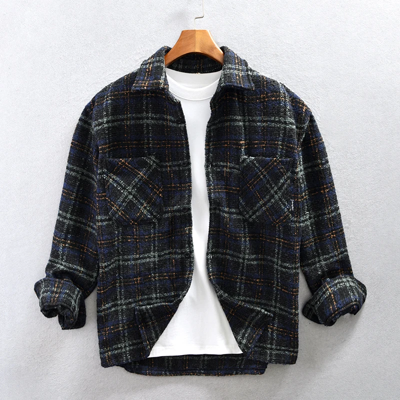 TZ953秋冬加厚男士格纹休闲衬衫外套复古帅气长袖时尚格子衬衣男