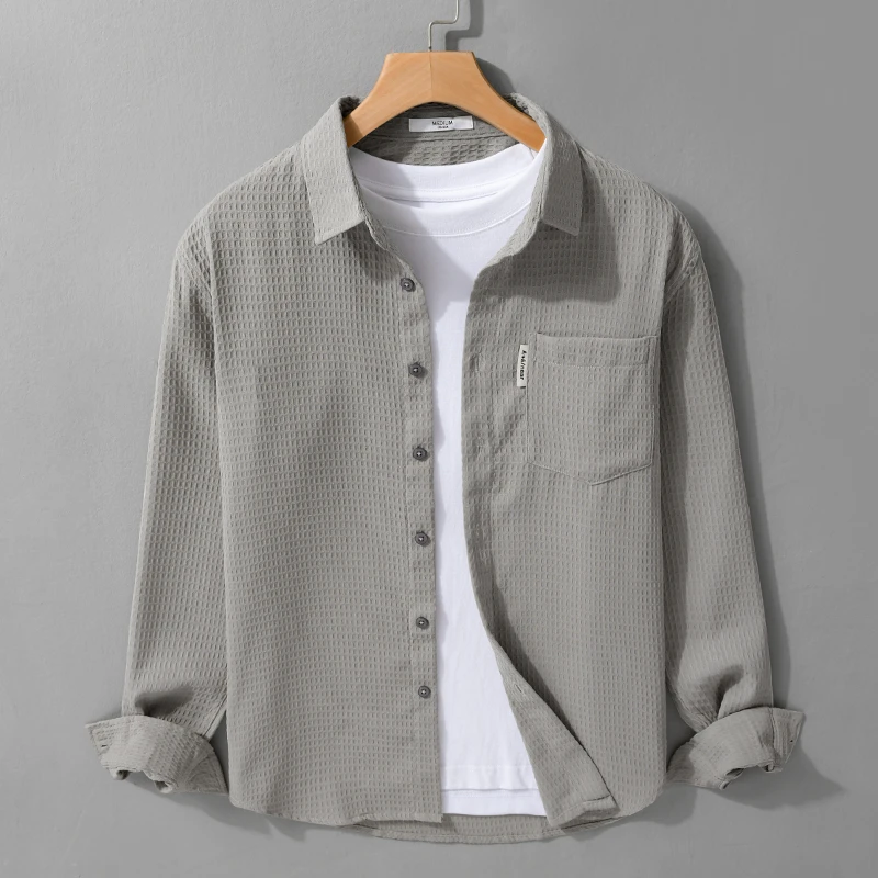 春秋简约华夫格清新长袖衬衫男士休闲百搭文艺宽松上衣男装Y9986