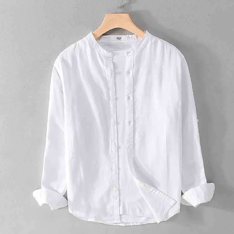 新款男装国风男士休闲长袖棉麻衬衫小立领青年亚麻文艺衬衣Y9207