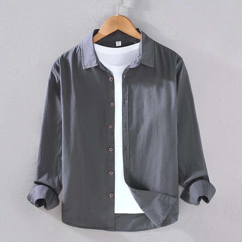 D2301纯棉春秋季国风薄款长袖衬衫男宽松休闲百搭白色衬衣男寸衫