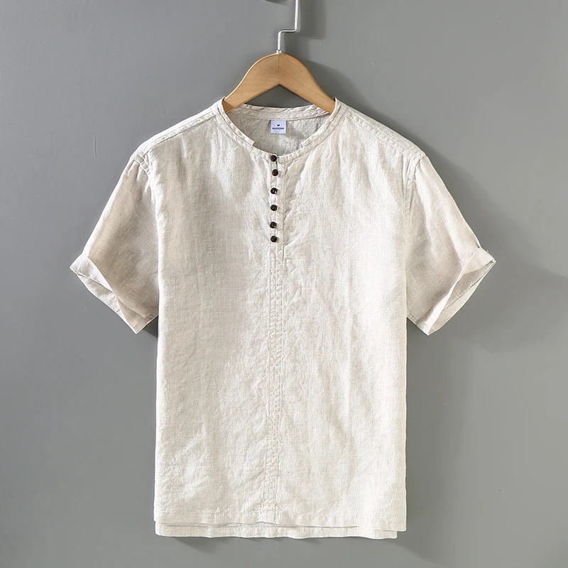 国风纯亚麻衬衫男士休闲立领宽松麻料短袖上衣青年文艺衬衣D9016