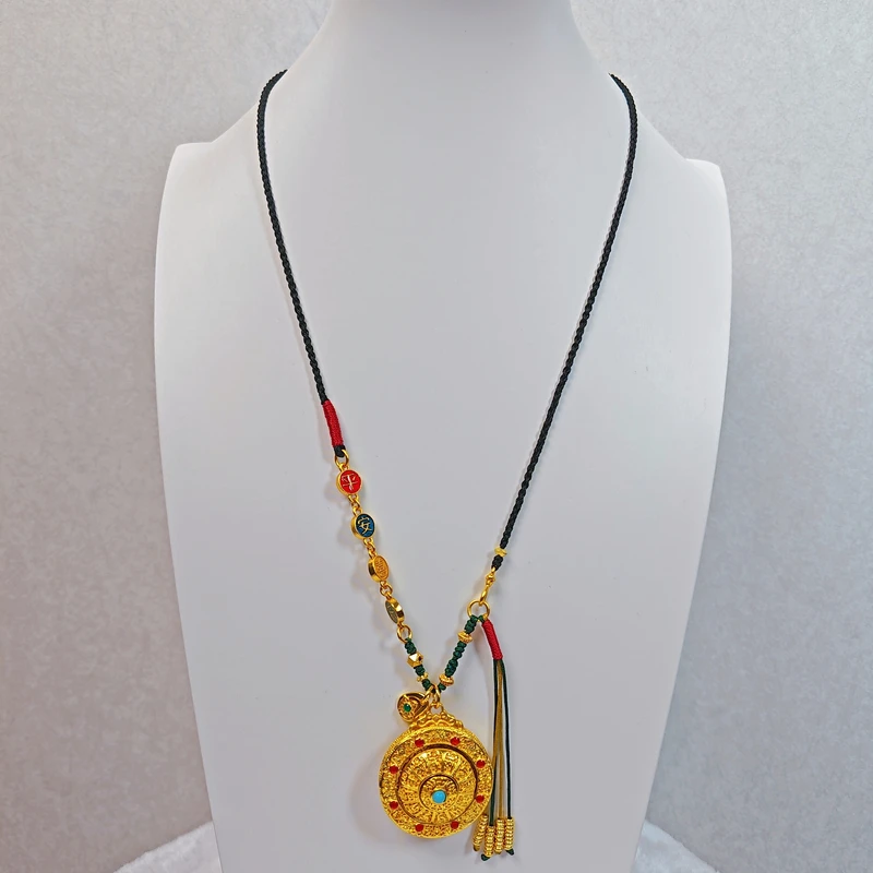 铜合金吊坠 新中式古法转动镶嵌罗盘设计款编绳