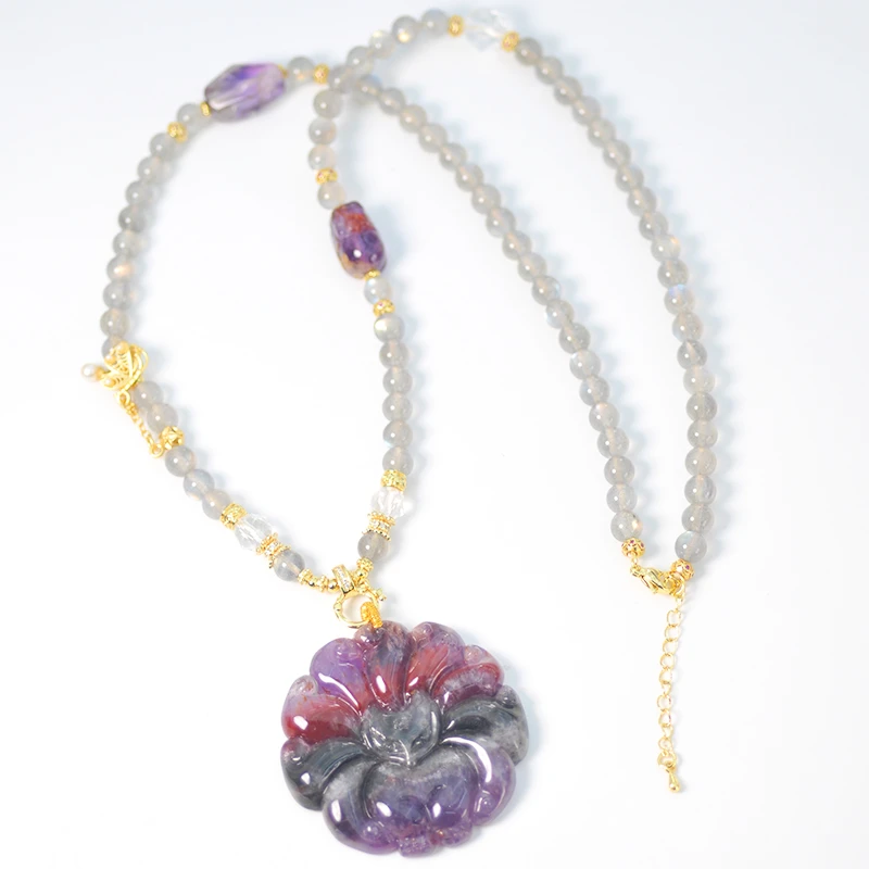 【凰世今传】天然水晶极光23精工雕刻凤九圆牌吊坠灰月光项链