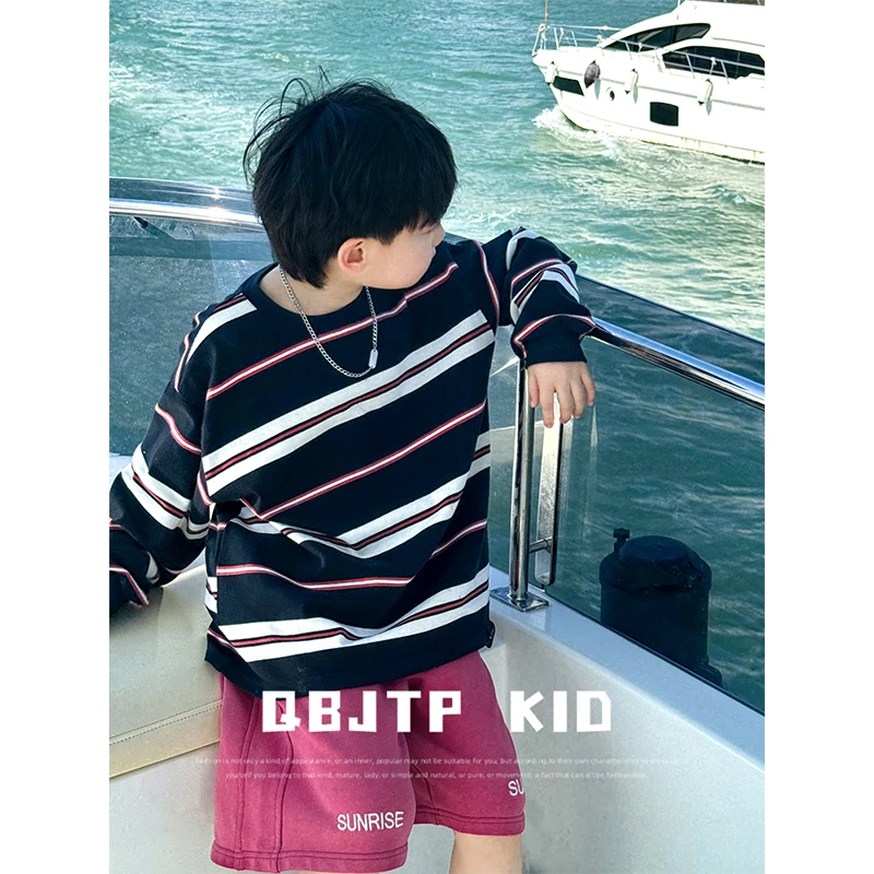 Q宝家童品2月新款男童长袖T恤春款儿童圆领条纹t恤休闲百搭上衣潮