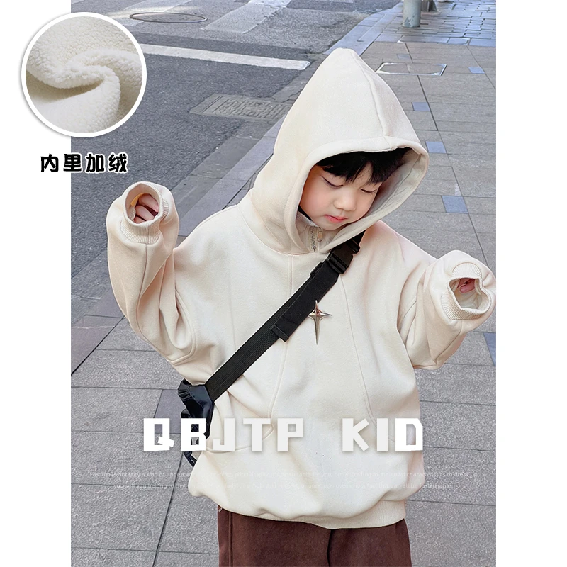 Q宝家童品12月新款 儿童卫衣男童冬季加绒保暖帽衫中小童时尚上衣