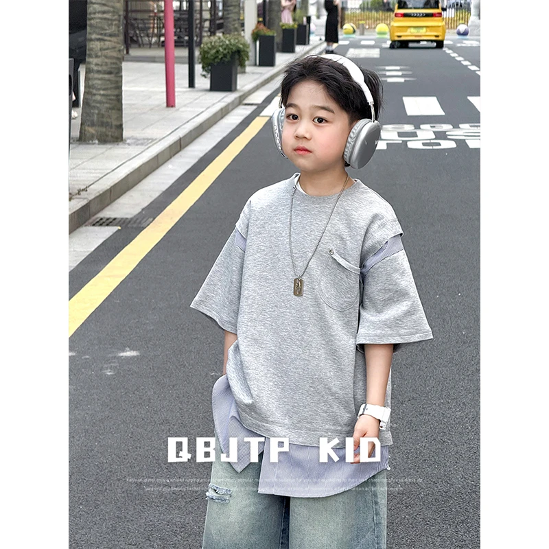 Q宝家童品6月新款 儿童短袖t恤男童夏装薄款假两件T恤ins高街上衣
