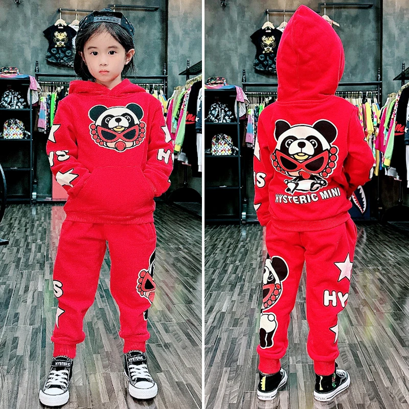 熊猫宝宝 冬款红色儿童卫衣个性印花连帽休闲薄绒洋气套装上衣