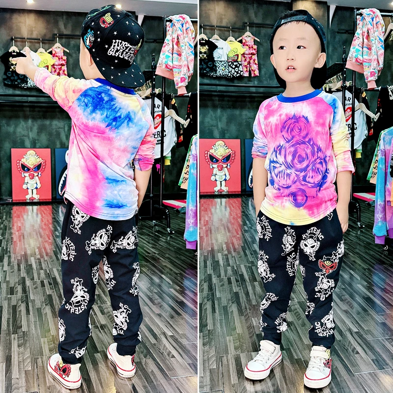 扎染火焰娃 长袖儿童秋季长袖T恤炫酷个性印花纯棉圆领针织上衣