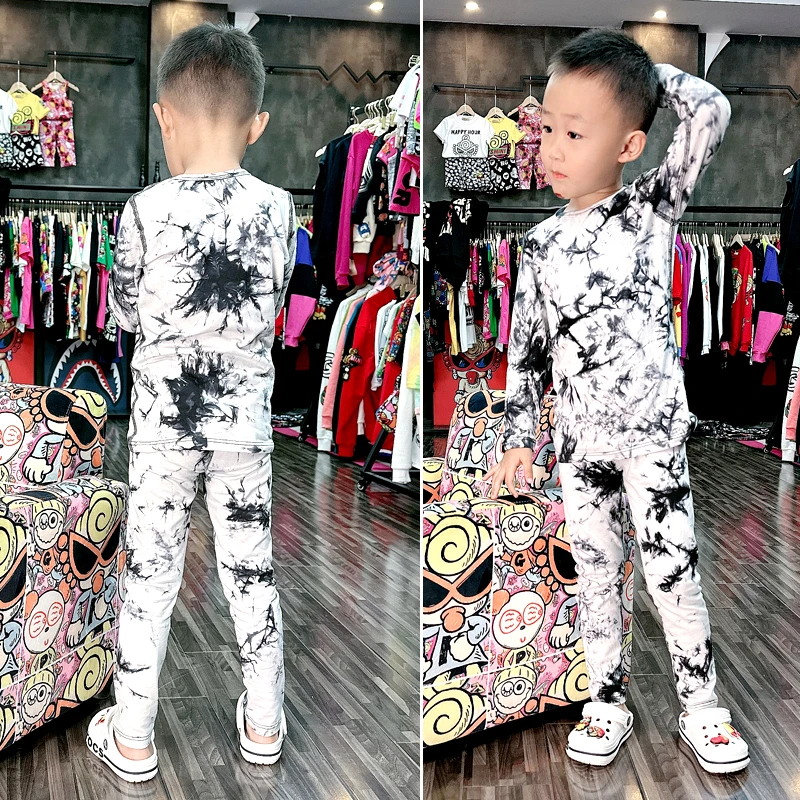蒙眼娃娃  扎染儿童家居服套装满印纯棉高弹打底上衣刺绣童装