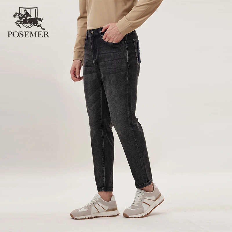 POSEMER/堡马春秋新款九分水洗黑灰色牛仔裤男修身小脚裤子男款
