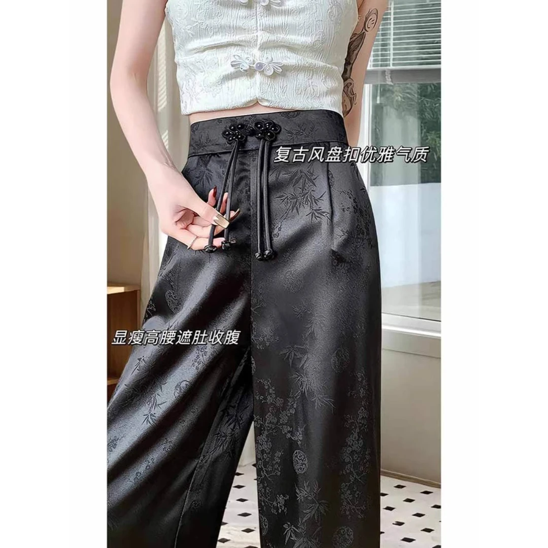 8691#高腰垂感阔腿裤国风新中式设计感提花绸面休闲裤女