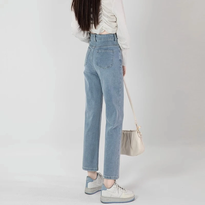 直筒牛仔裤女2025新款高腰显瘦小个子九分梨形身材浅蓝烟管法棍裤