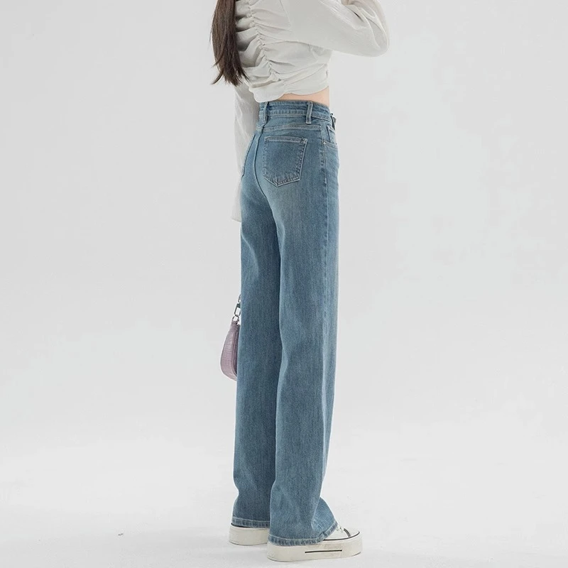 复古窄版直筒牛仔裤女2025新款春秋高腰小个子阔腿裤气质女士裤子