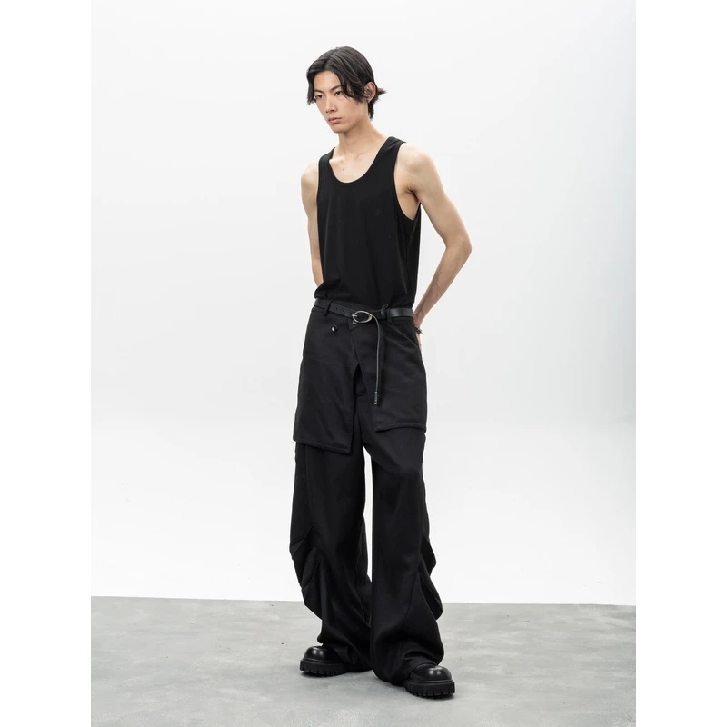 RustyNaill两件套叠穿肌理面料立裁叠褶结构裙摆阔腿裤黑色休闲裤