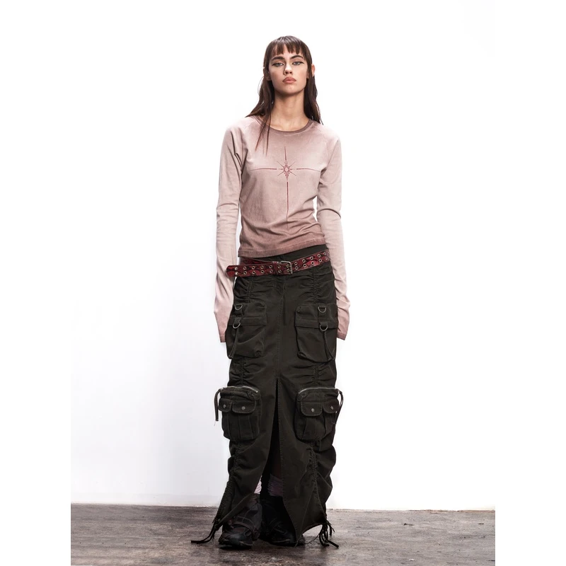 RustyNaill原创水洗做旧立体多口袋开衩长版工装半身裙半裙长裙女