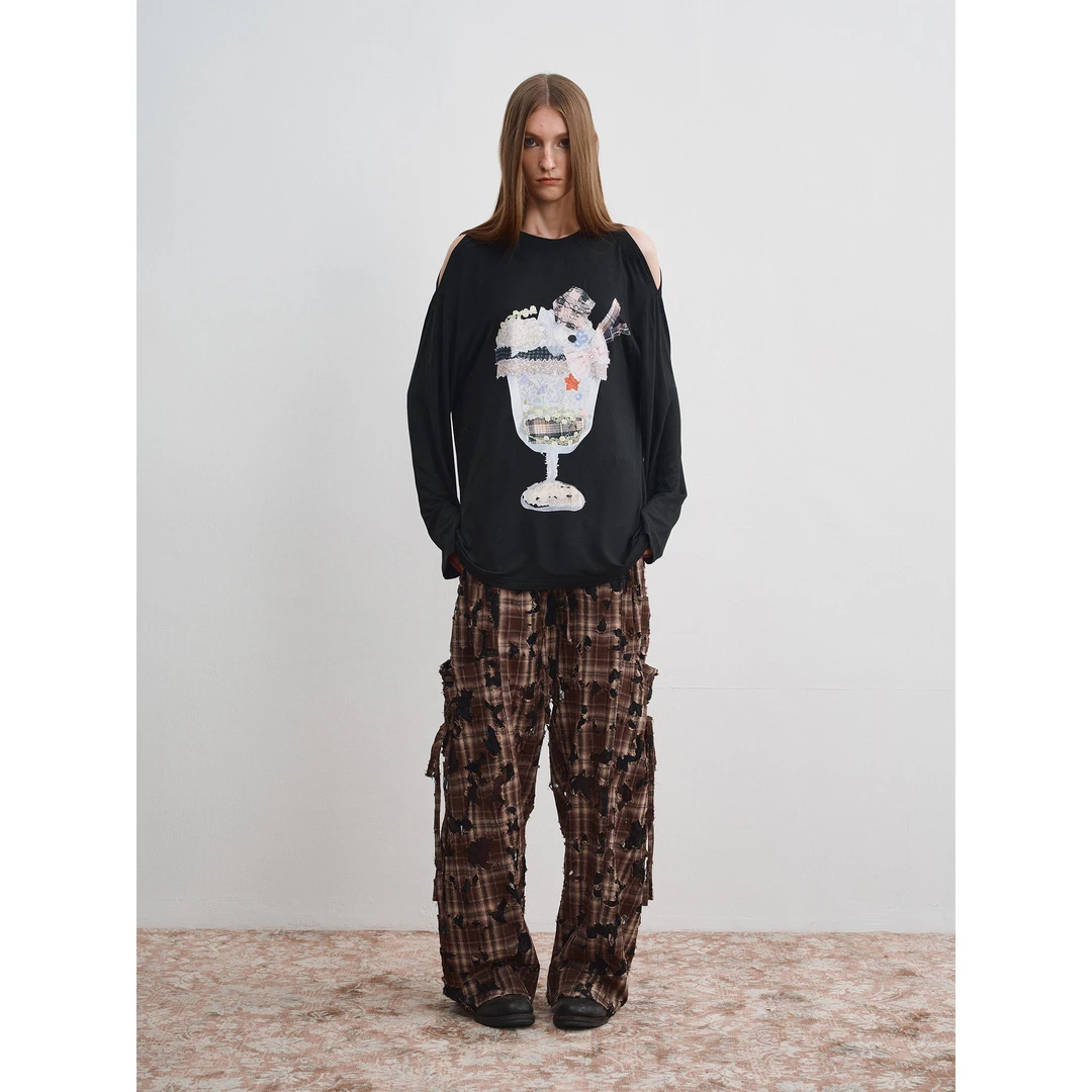 RustyNaill花儿印花亲肤莱赛尔天丝露肩圆领长袖宽松休闲打底T恤