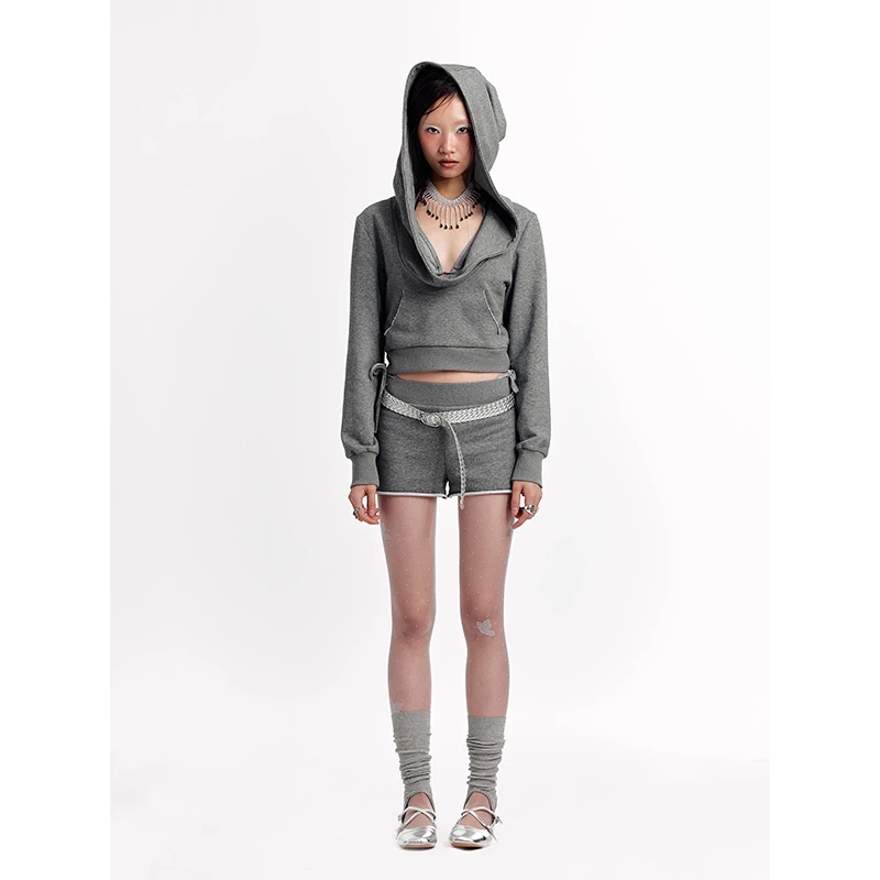 RustyNaill原创设计小众短款针织斗篷帽型荡领银色闪粉连帽卫衣