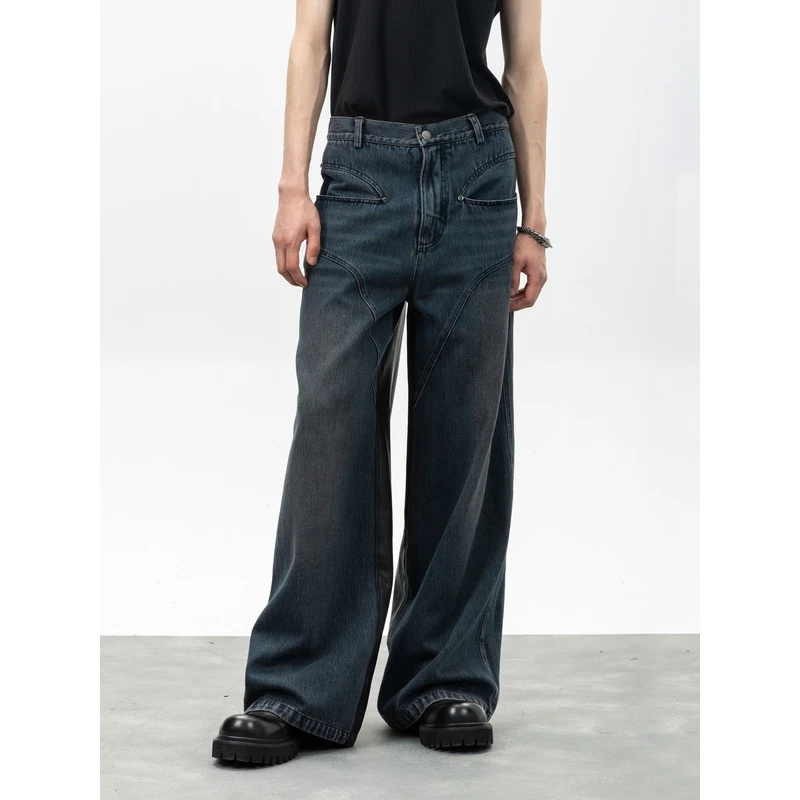 RustyNaill原创小众牛仔拼皮阔腿复古水洗牛仔裤宽松休闲长裤