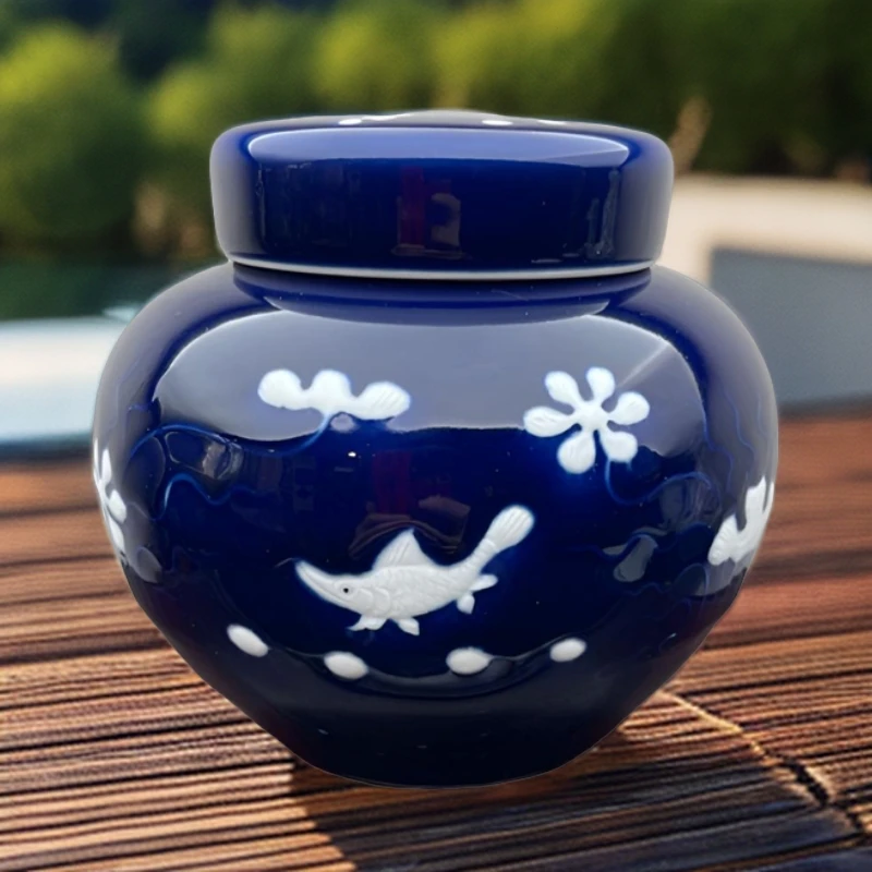 泽善堂—老春霁蓝鱼藻纹茶叶罐，直播间拍品，请勿私拍茶具茶罐