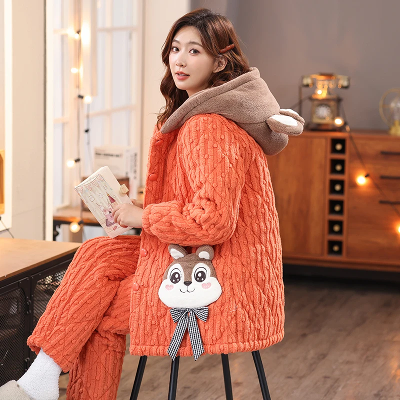 中长款连帽女士睡衣冬天三层加绒加厚珊瑚绒保暖家居服套装