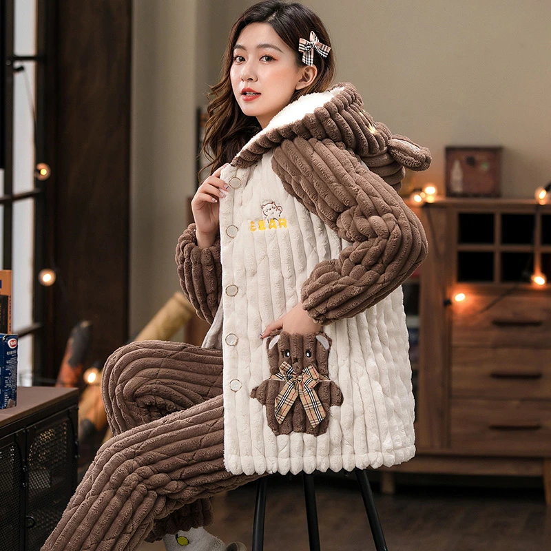 女士冬季三层加绒加厚夹棉睡衣女三层加厚保暖睡衣套装