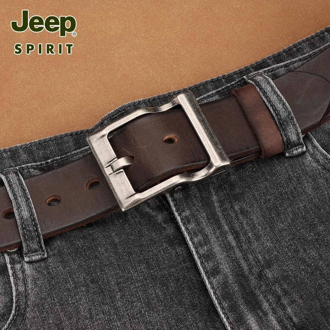 Jeep手工头层牛皮铜扣皮带男士腰带软牛皮裤带复古休闲高级感腰带