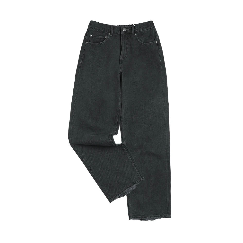 064 巴黎23ss同款后跟磨破做旧水洗黑色直筒松紧腰牛仔裤