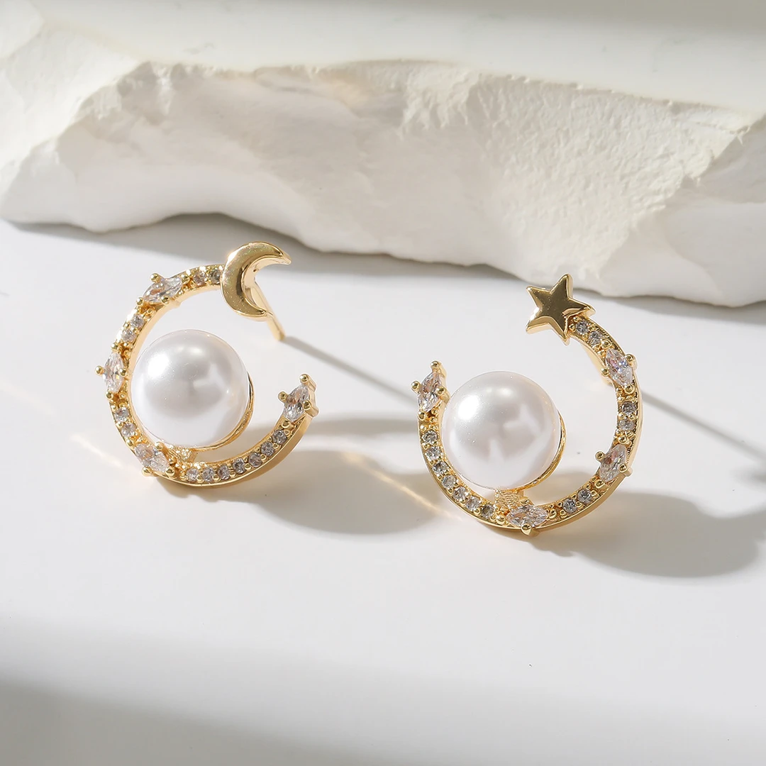 黄铜合成锆石耳饰 S925银针韩系星月铜镶锆石真金电镀甜美精致