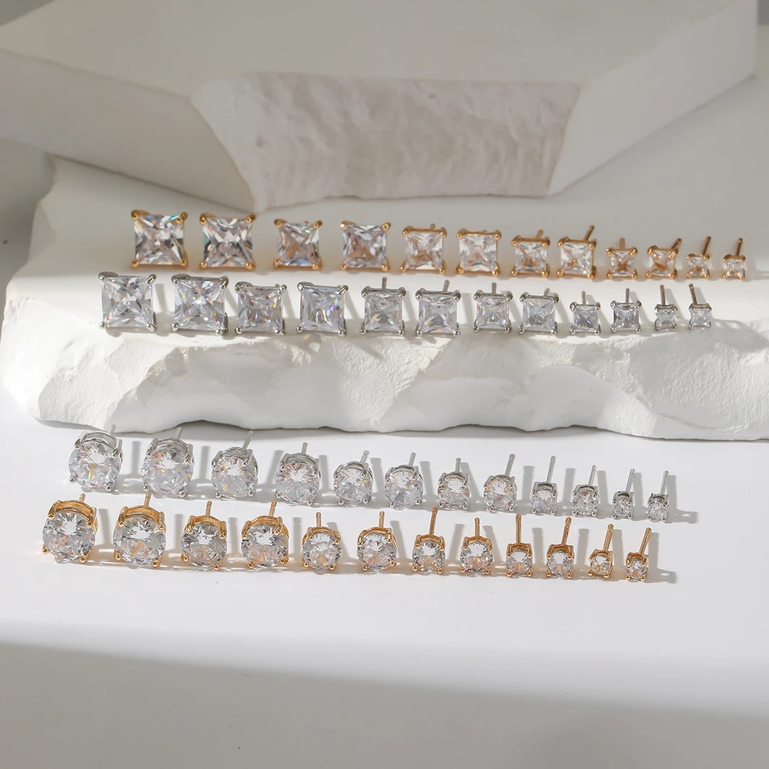 铜合金大理石耳饰 6对爆款简约时尚圆圈方块金银3-8mm锆石耳钉