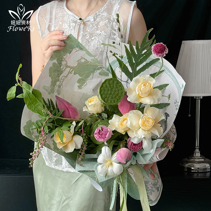中式情人节国风鲜花包装纸七夕书画彩绘花束纸花店手工制作材料