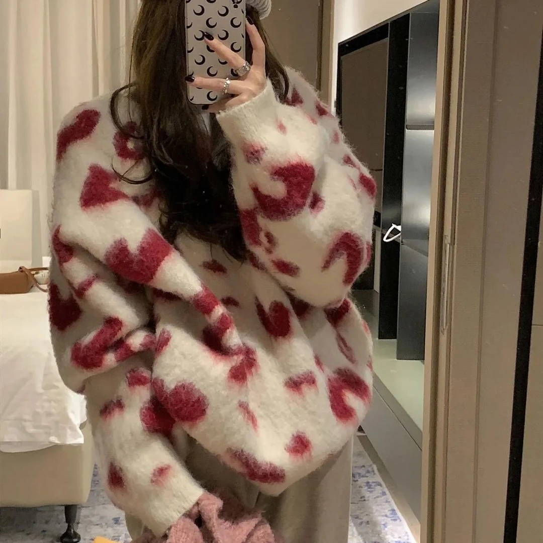 韩系学生软糯宽松斑点毛衣女秋冬韩版学院风中长款慵懒外穿针织衫