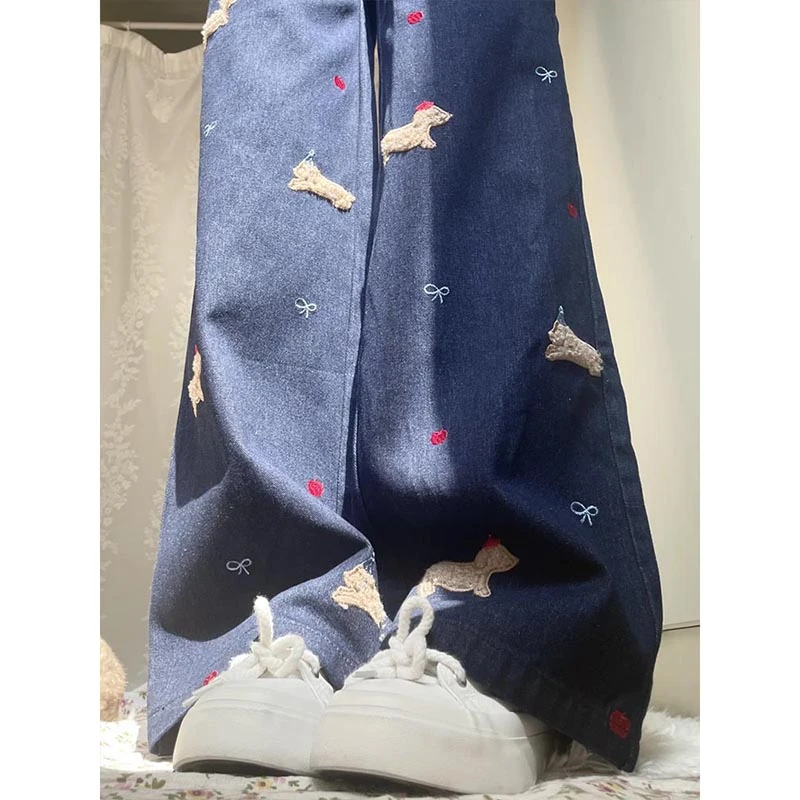 300斤大码女装小狗贴布刺绣阔腿牛仔裤胖mm新款宽松直筒垂感长裤