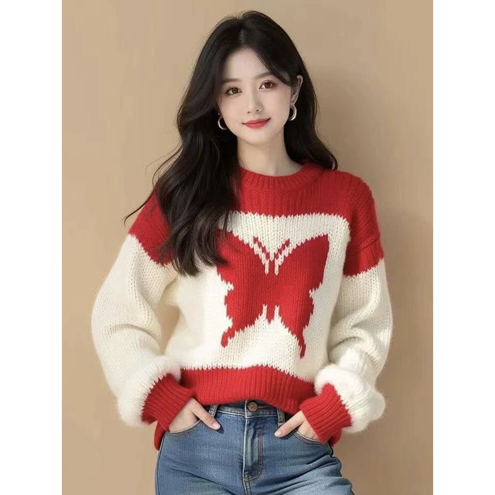 JY#针织套头衫毛衣女红白撞色蝴蝶冬季慵懒减龄显瘦上衣DY11528