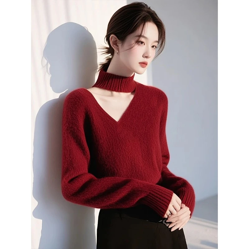 JY#红色v领露锁骨毛衣女本命蛇年超好看内搭针织衫上衣DY11445