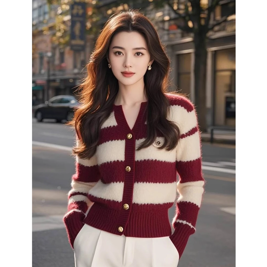 JY#条纹针织开衫毛衣女款冬季新款小香风外套软糯保暖DY11369