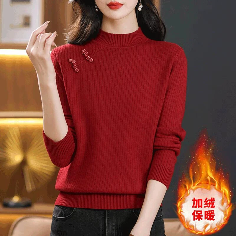 JY#中式加绒加厚毛衣女冬新款衣服一体绒显瘦保暖打底衫DY11563