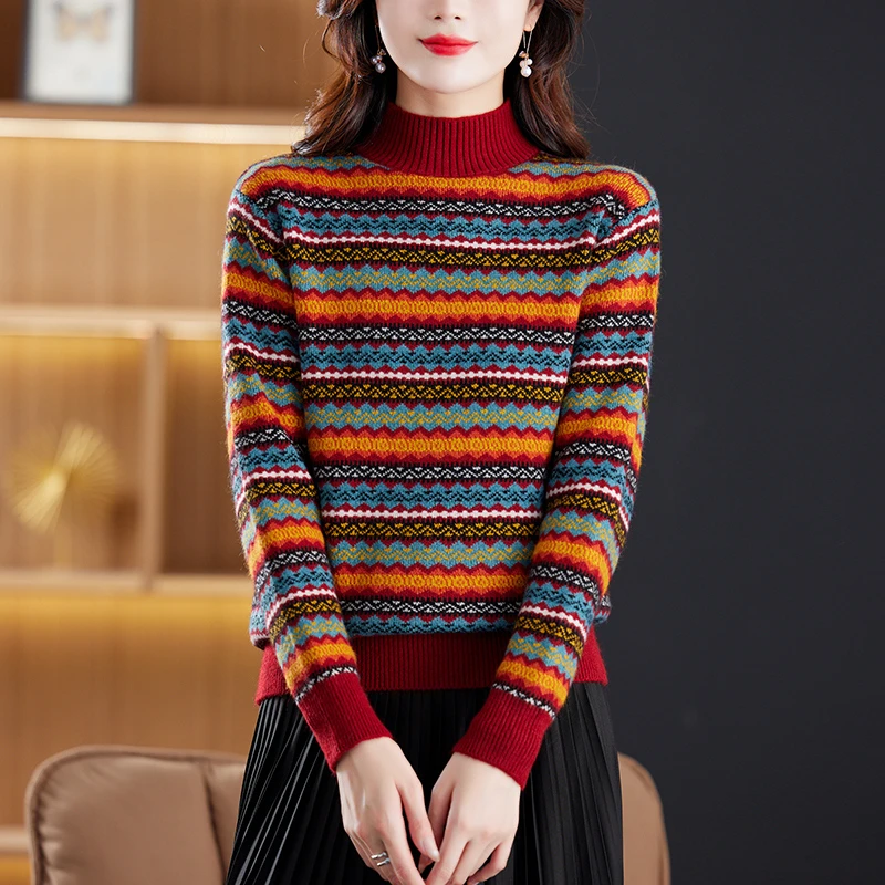 JY#半高领色横条纹内搭毛衣女冬季加厚保暖洋气打底衫DY6915