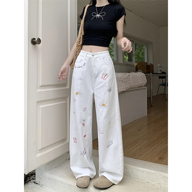 胖MM大码复古时尚牛仔裤女夏季设计感刺绣阔腿裤高腰显瘦白色裤子