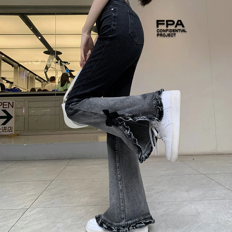 胖mm大码女装弹力修身微喇叭裤女2024新款高腰显瘦复古渐变牛仔裤