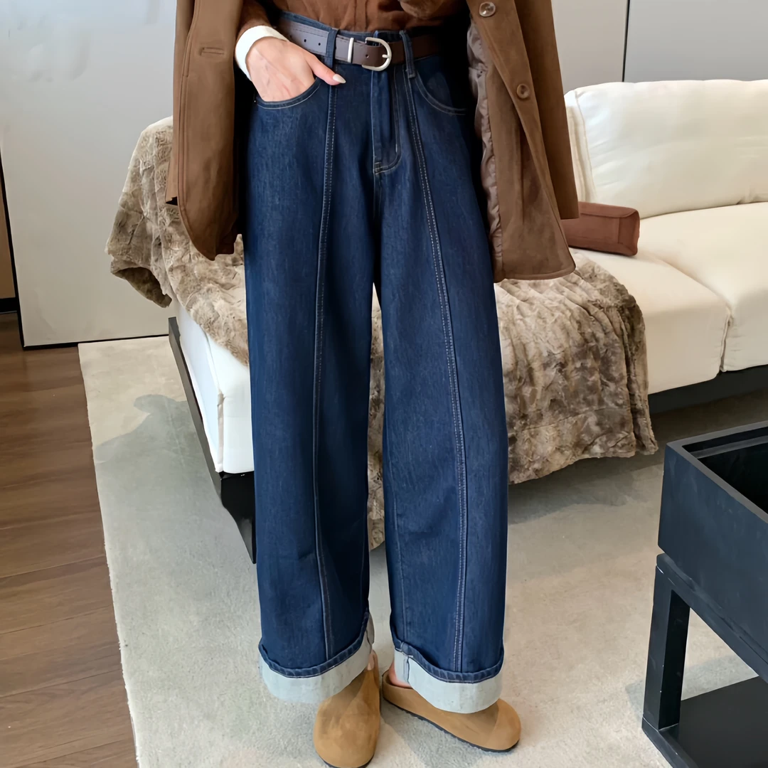 胖mm特大码高腰显瘦蓝色牛仔裤复古中缝设计翻边九分直筒阔腿裤女