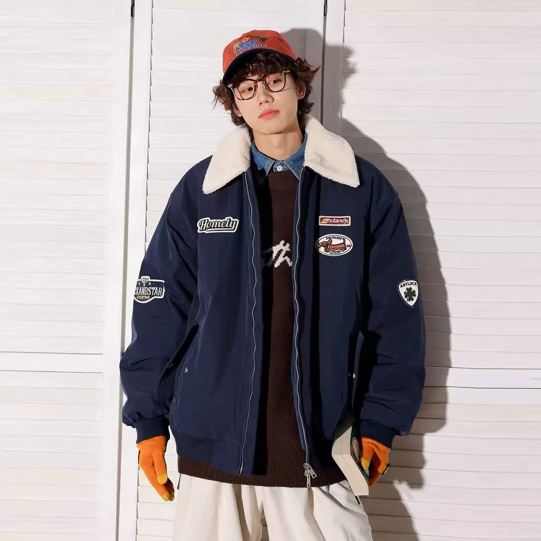 翻领拼色绣标棉服2024年秋冬棒球服宽松夹克加厚棉衣夹克外套