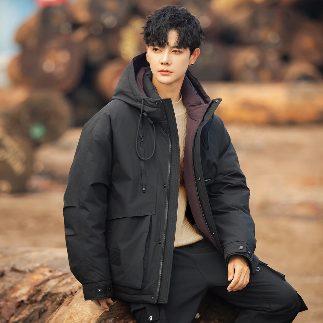连帽羽绒服男款2024冬季新款90鸭绒韩版痞帅高级感工装户外外套男