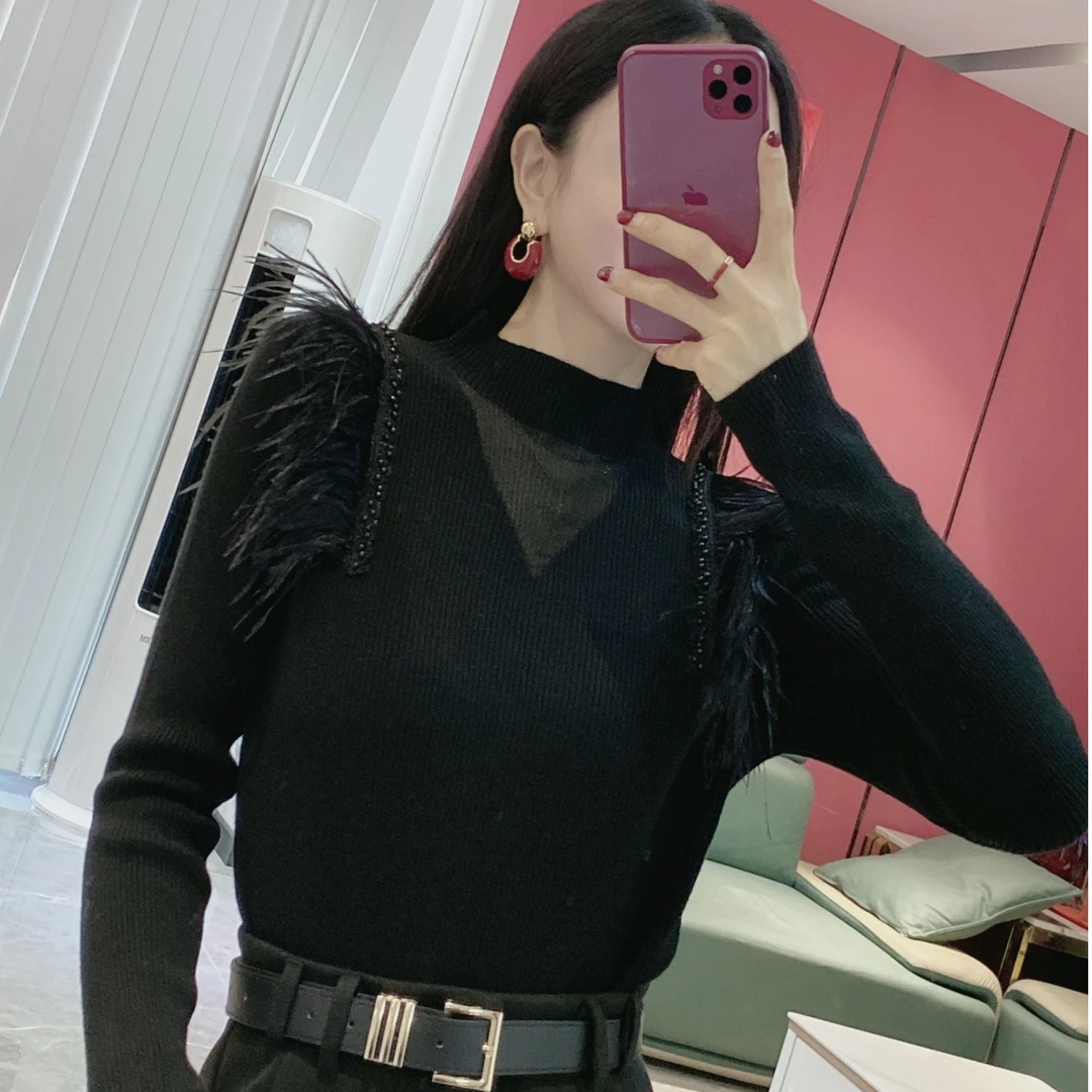 【橦颜推荐】钉钻毛毛立领针织衫60089
