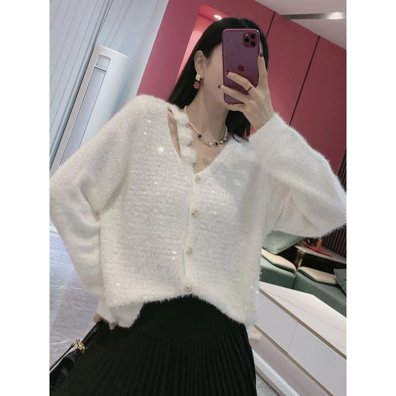 【橦颜推荐】花朵亮片水毛毛毛衣24347