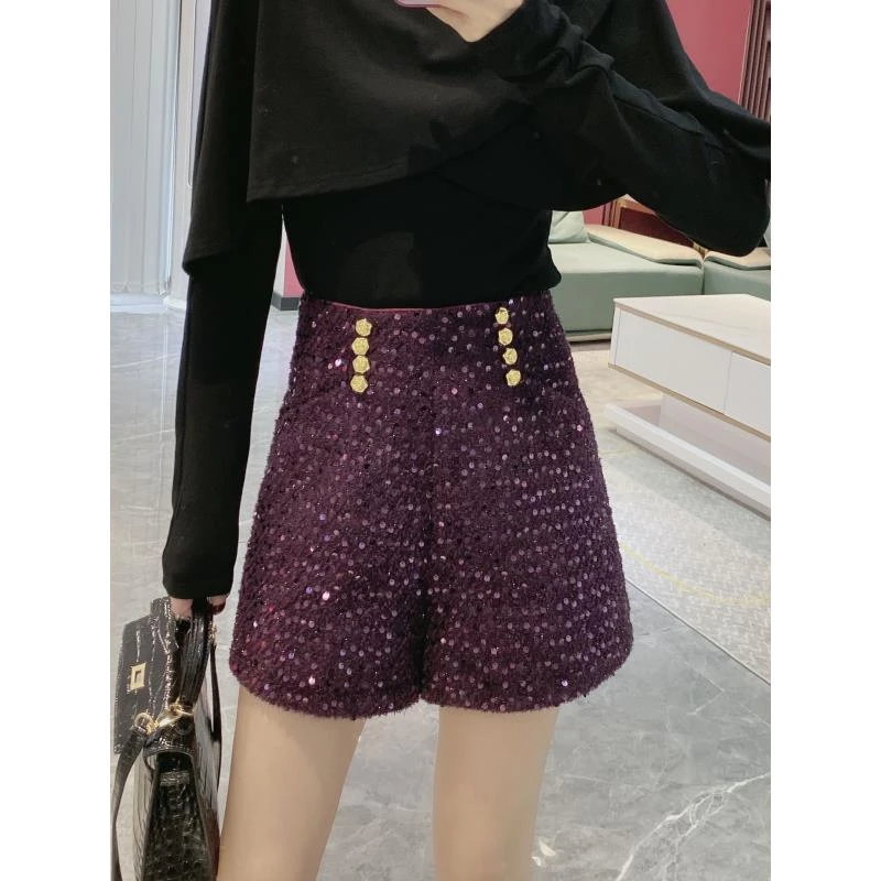 【亮片短裤】亮片双排扣高腰A版短裤6968